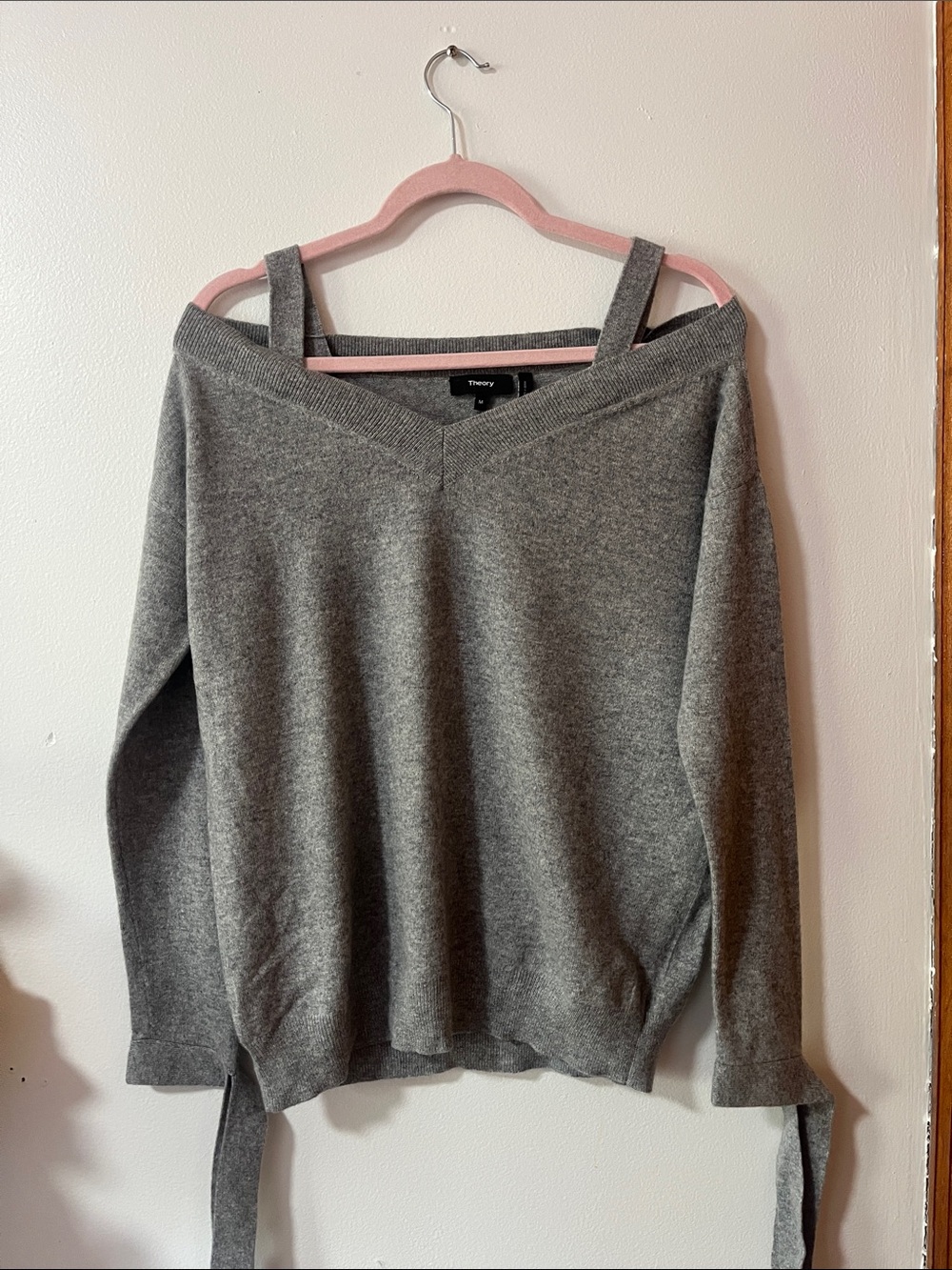 Theory Charcoal Gray Off-Shoulder V-Neck Sweater with Strap Detail